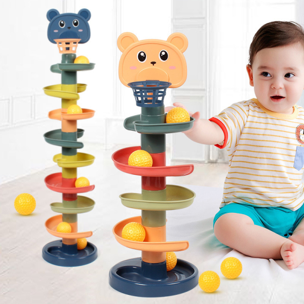 A captivating Montessori rolling ball tower sensory toy, entertaining and educational as balls roll through the tower tracks, developing concentration and cause-effect understanding.