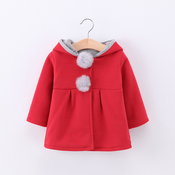A fun girls red long-sleeve coat with sweet bunny ears, warm and playful with a vibrant red colour, perfect for adventurous little bunny fans.