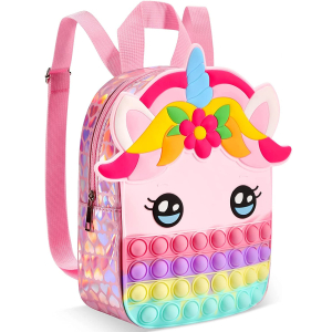 Front pocket detail of the Girls' Unicorn Pop Nursery Backpack, showing zip closure and colourful design.