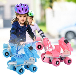 Adjustable Blue and Pink Roller Skates for Girls shown assembled on a white background, colourful and safe for children.