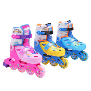 Colourful Patterned Roller Skates for Girls shown assembled on a white background, colourful and safe for children.