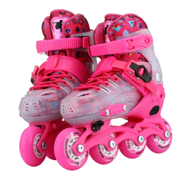 Girls' Pink Roller Skates with Fun Patterns shown assembled on a white background, colourful and safe for children.