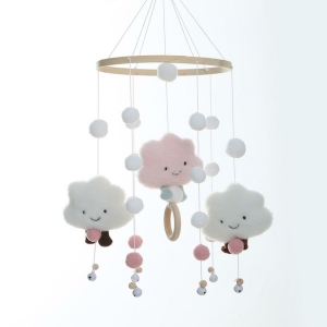 Cloud Plush Baby Mobile for Girls shown on white background, soft and safe for baby's nursery.