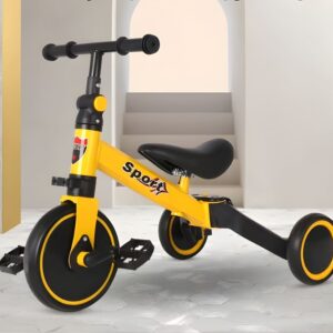 Foldable Multi-Position Tricycle for Children from 1 Year shown assembled on a white background, colourful and safe for children.