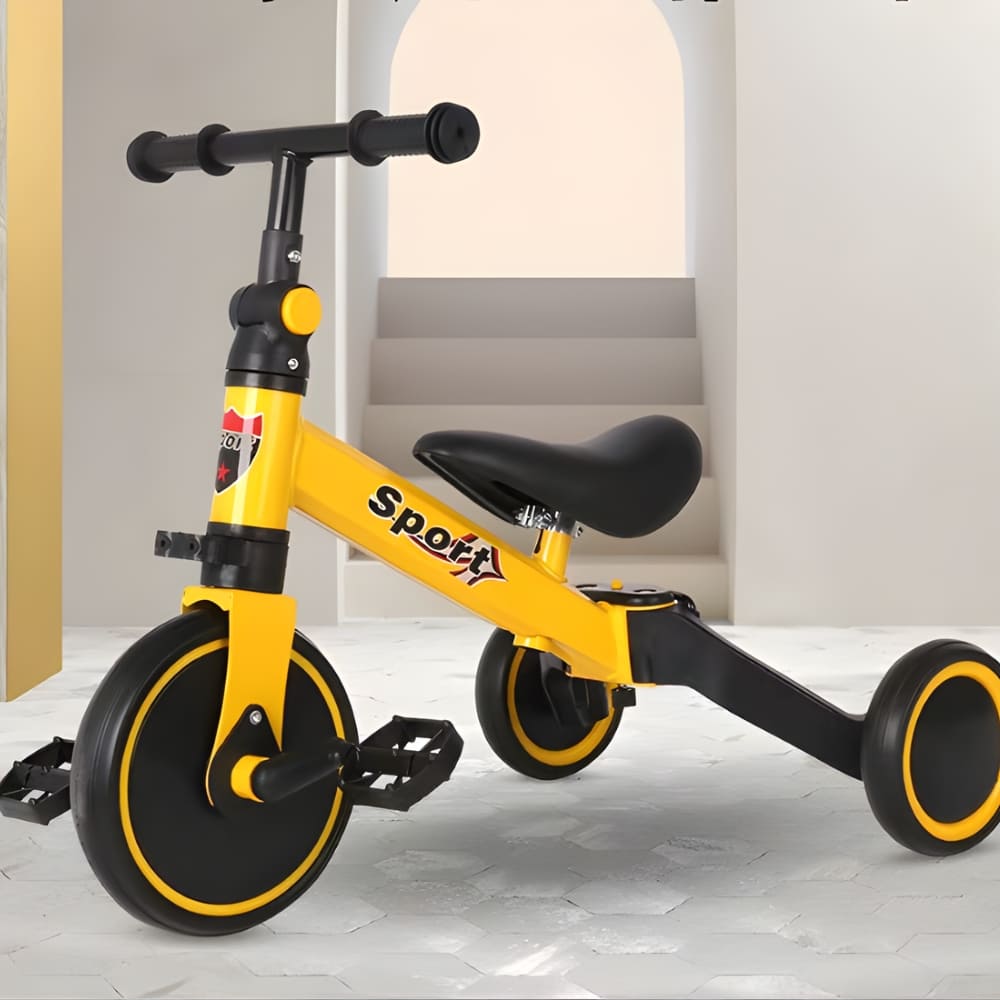 Foldable Multi-Position Tricycle for Children from 1 Year shown assembled on a white background, colourful and safe for children.