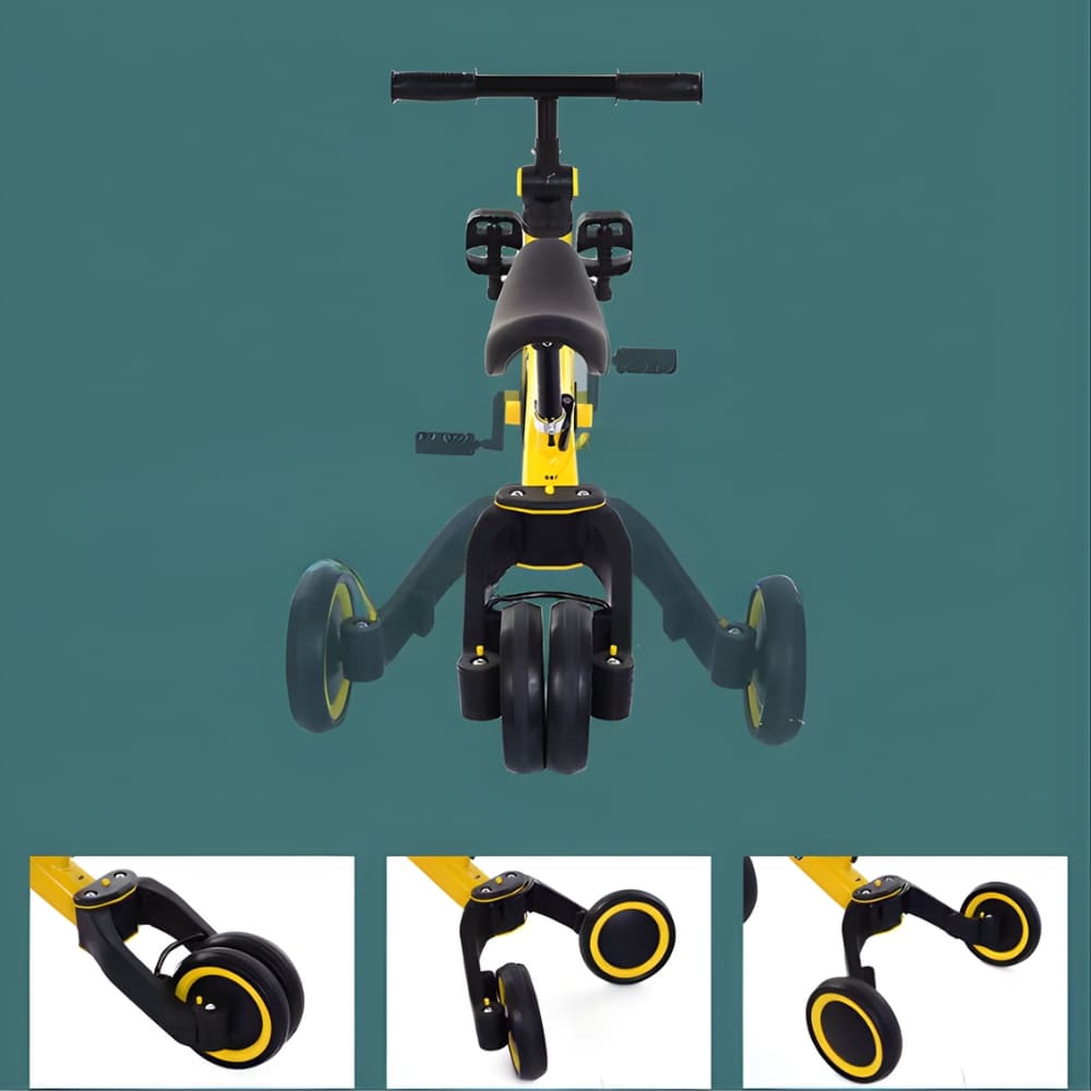 Close-up of the wheels and body of the Foldable Multi-Position Tricycle for Children from 1 Year, showing safety features and bright colours.