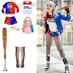 A Harley Quinn fancy dress costume for girls with a baseball bat accessory, high quality and perfectly stylish.