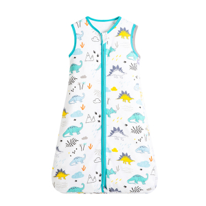 White cotton baby sleeping bag printed with a fun dinosaur pattern