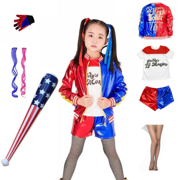 A Harley Quinn Squad Monster costume for girls in blue, white, and red with a complete set of accessories, bold and exciting.