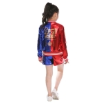 Full view of the Harley Quinn Squad Monster costume for girls showing the blue, white, and red design with all included accessories.