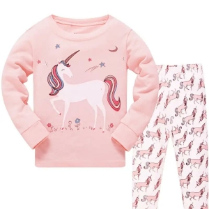A pink unicorn print pyjama set for girls with long-sleeve t-shirt and matching trousers, cosy and magical for bedtime.