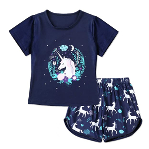 A navy blue girls summer pyjama set with a fun unicorn print, featuring a short-sleeved top and matching shorts.