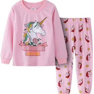 A pink girls pyjama set with a sweet unicorn print, including a long-sleeved top and cosy matching trousers in soft cotton.