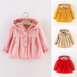 A pink hooded baby girls mid-season coat on the left alongside the same style in yellow, beige, and red on the right.