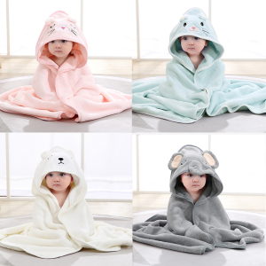 Four thumbnail photos of babies sitting up wearing adorable animal hooded bath robes