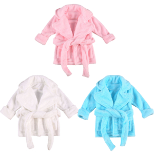 Three girls bath robes in pink, blue, and white with matching belts, classic and cosy
