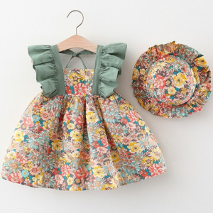 Baby girl dress with floral print frills paired with a matching sun hat, sweet and summery