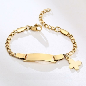 Full view of the personalised golden stainless steel ID bracelet with butterfly detail, elegantly presented as a keepsake jewellery piece.