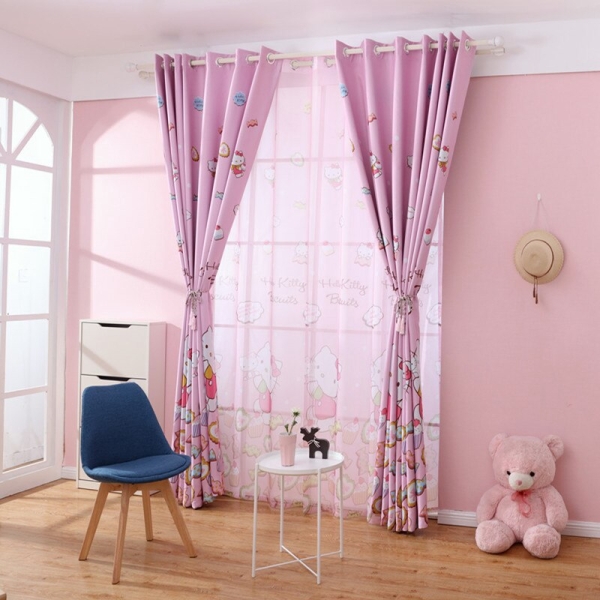 Hello Kitty Printed Girls' Bedroom Curtain hanging in a window, adding a magical touch to a girl's bedroom.