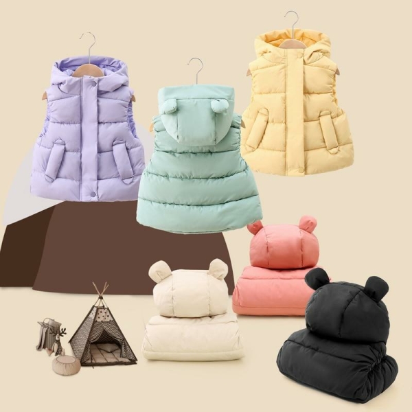 Girls' Warm Sleeveless Hooded Puffer Jacket displayed on white background, lightweight and stylish for everyday wear.