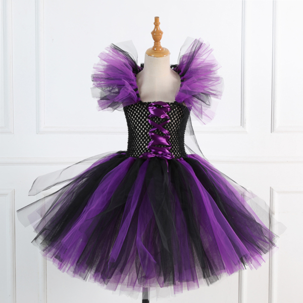 Black and Purple Witch Costume for Girls displayed on a white background, perfect for dressing up and parties.