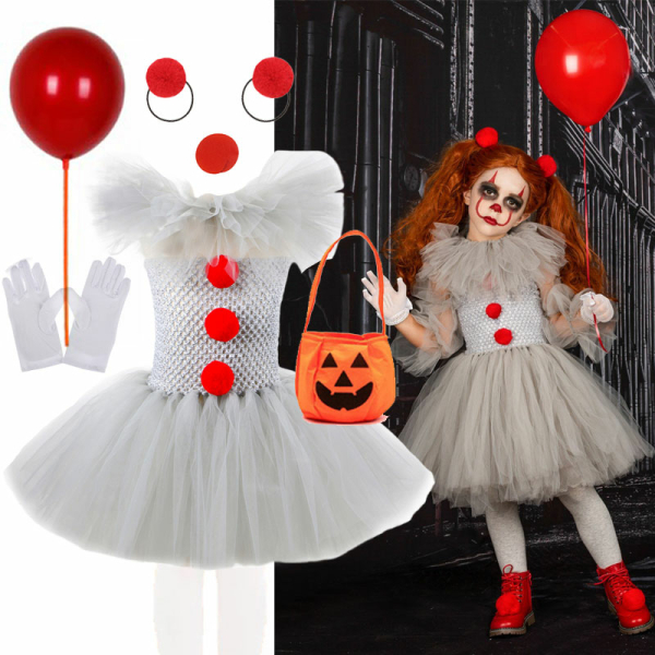 Girls' Scary Clown Halloween Costume displayed on a white background, perfect for dressing up and parties.