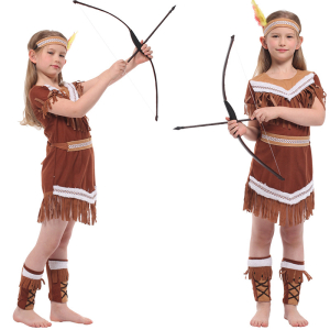Girls' Native American Costume with Fringed Dress displayed on a white background, perfect for dressing up and parties.