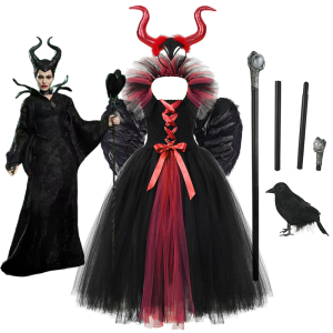 Red and Black Maleficent Costume for Girls displayed on a white background, perfect for dressing up and parties.