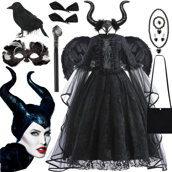 Disney Maleficent Dress Costume for Girls displayed on a white background, perfect for dressing up and parties.