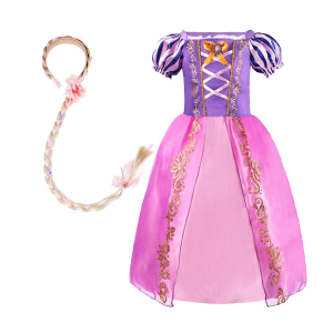 A Rapunzel princess dress costume for girls in purple and pink, high quality and perfect for fancy dress parties and play.