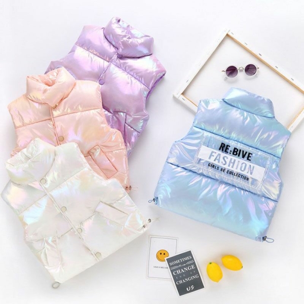 Girls' Shiny Thick Sleeveless Puffer Jacket displayed on white background, lightweight and stylish for everyday wear.