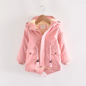 A pink girls hooded parka on a hanger, featuring a soft warm lining for cosy winter warmth and a classic outdoor style.