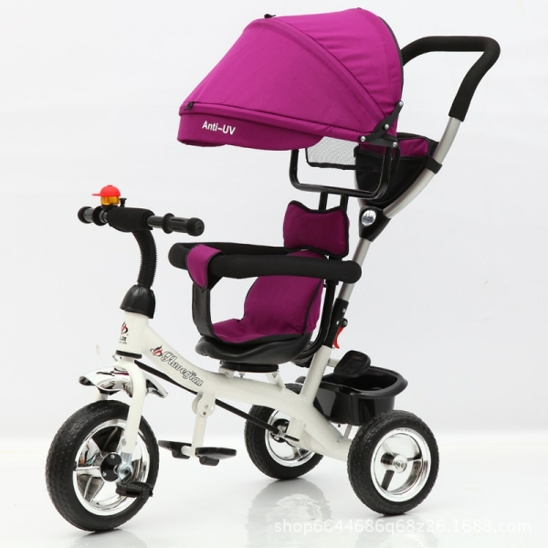 Girls' Tricycle with Reversible Seat and Sun Canopy shown assembled on a white background, colourful and safe for children.