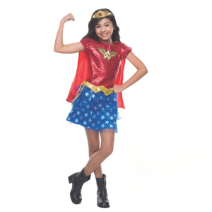 A glitter Wonder Woman fancy dress costume for girls displayed on a white background, sparkling and ready for superhero fun.