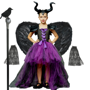 Maleficent Costume Black and Purple Dress for Girls displayed on a white background, perfect for dressing up and parties.