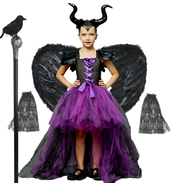 Maleficent Costume Black and Purple Dress for Girls displayed on a white background, perfect for dressing up and parties.