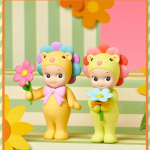 Close-up of a Sonny Angel floral mystery surprise figurine, highlighting the intricate flower-themed design of this adorable collectible toy.