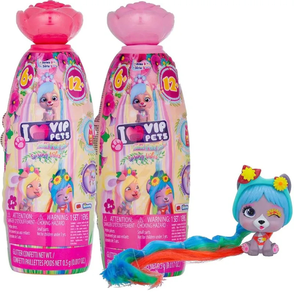 Two pink VIP Pets bottles with rose-shaped caps beside a VIP Pets character with long blue hair, a fun and creative hairstyling toy for girls.