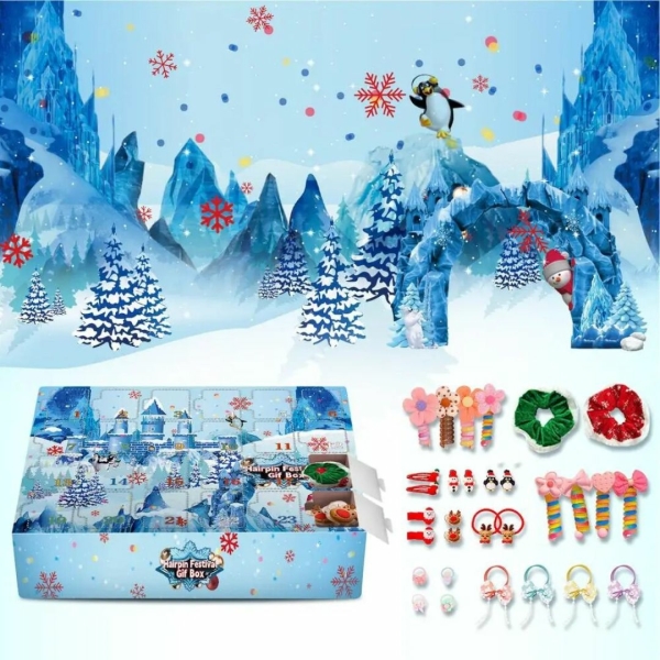 A festive accessories Advent calendar displayed with all its surprise contents on a white background, packed with fun party accessories for the countdown to Christmas.