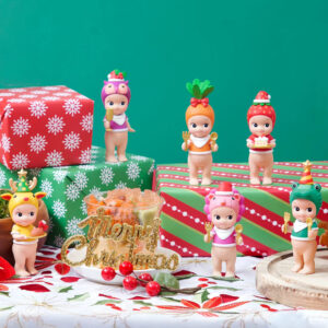 Six Sonny Angel Christmas collection mystery surprise figurines dressed in festive costumes inspired by the joys of Christmas Eve, ideal for the holiday season.