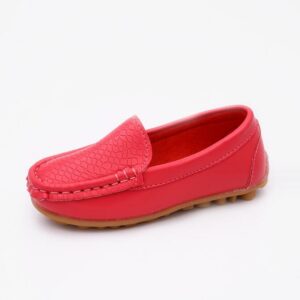 A pair of colourful slip-on soft leather loafers for girls, easy to put on and take off, combining comfort and style for active little girls.