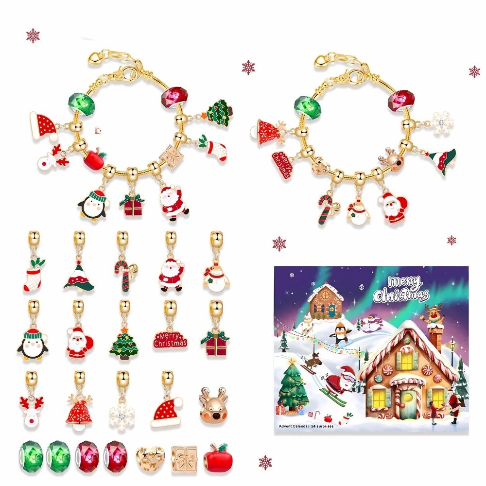A Christmas Advent calendar with jewellery charms displayed on a white background, featuring two golden charm bracelets above and Christmas charm accessories below.