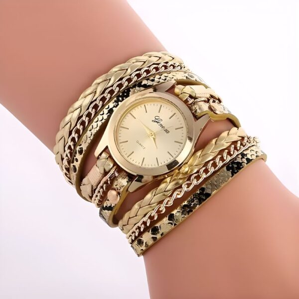 Stylish bohemian fashion watch for girls worn on the wrist, featuring a colourful boho-inspired strap and a pretty dial, perfect for adding a playful, free-spirited touch to any outfit.