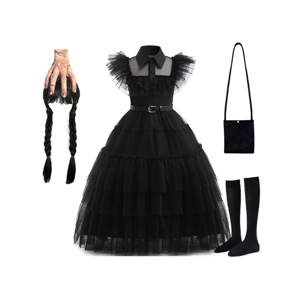 Girl dressed in an elegant Wednesday Addams Halloween costume featuring a black ruffled dress with contrast collar, adjustable belt, braided wig, prosthetic hand, black socks, and matching bag.