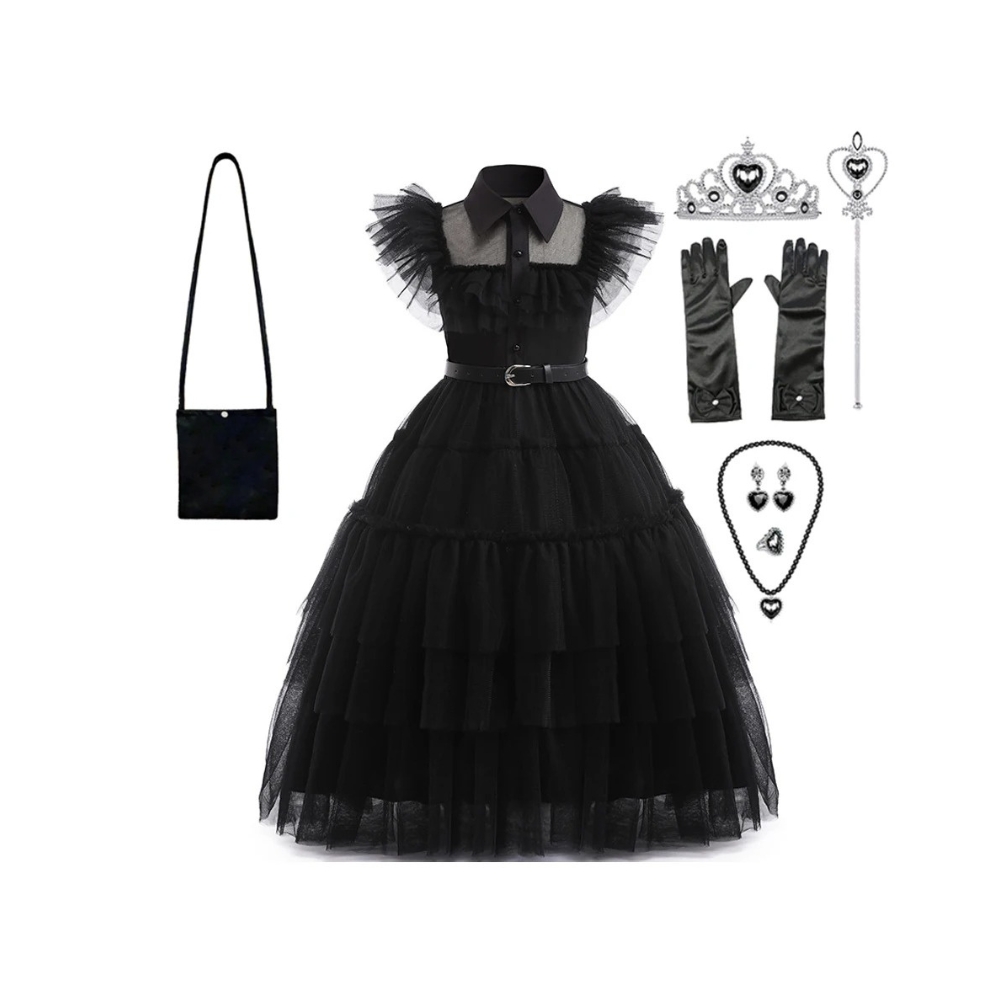 Detail of the black ruffled Wednesday Addams fancy dress with contrast collar and adjustable belt, a stylish Halloween costume for girls who love spooky adventures.