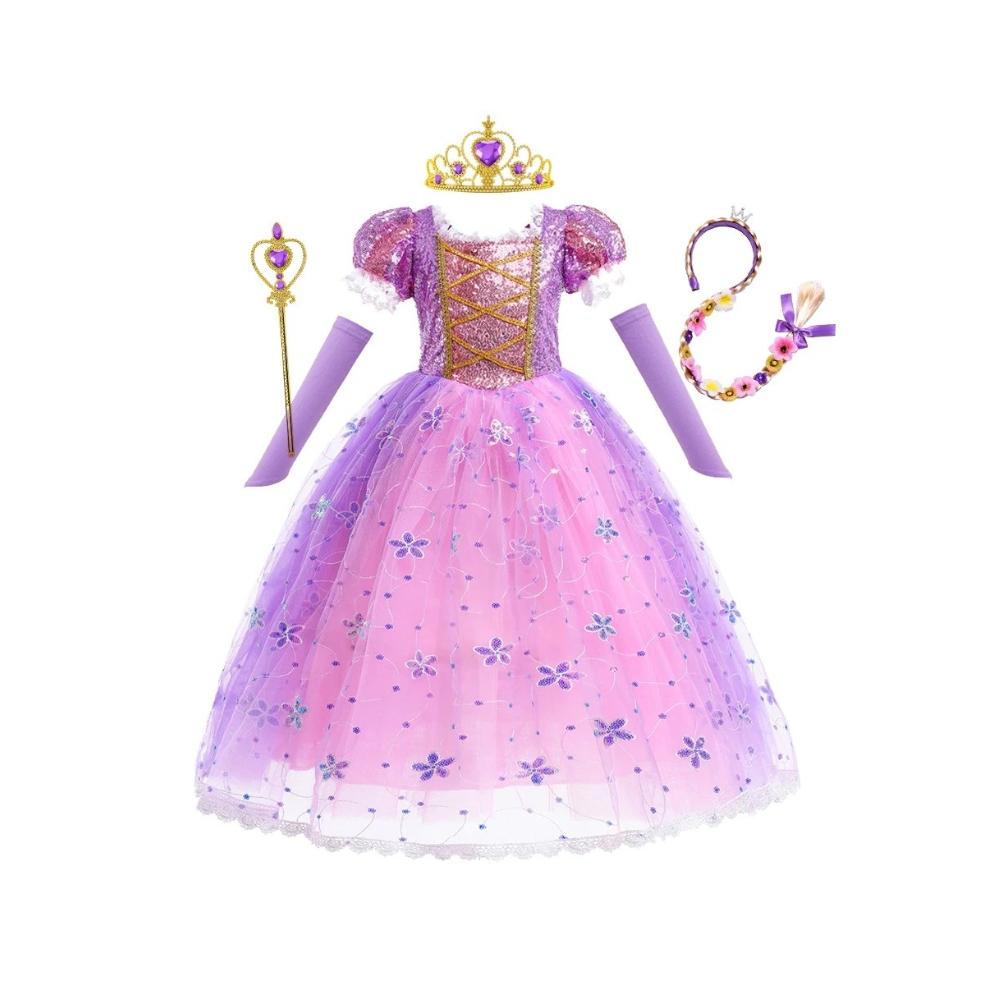 Rapunzel inspired sparkling purple fancy dress with floral patterns, golden tiara, magic wand, long purple gloves, and a flower-adorned braid for special occasions and imaginative adventures.