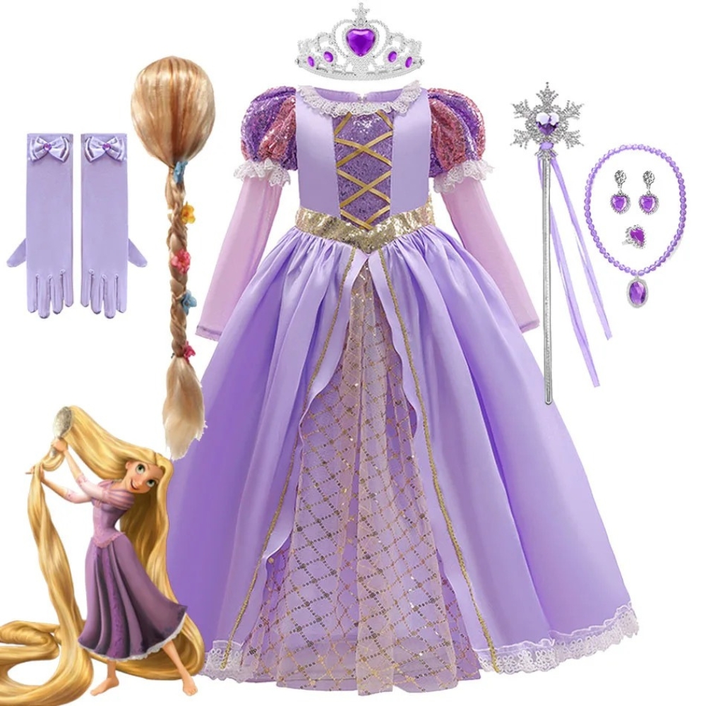 Girls' Rapunzel princess fancy dress costume in purple with golden details, complete with tiara, magic wand, gloves, necklace, earrings, and a long decorative braid for a fairytale look.