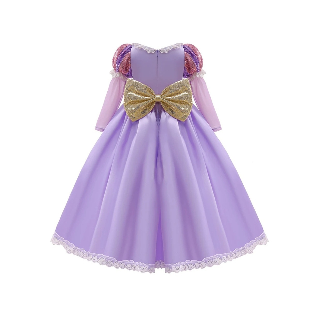 Close-up of the purple Rapunzel princess fancy dress with golden detail trim and flowing layers, a beautifully crafted costume for imaginative fairytale play.