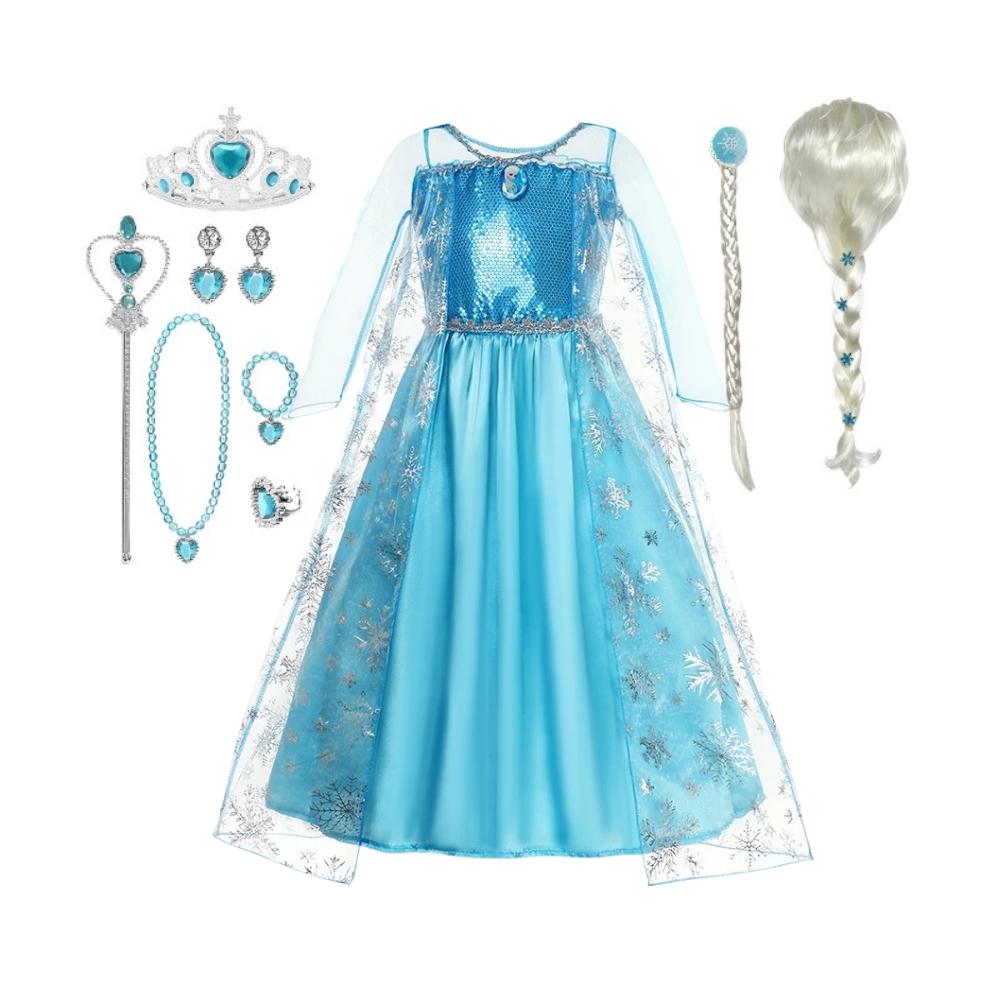 A girl wearing the Frozen glittering princess dress with a sparkling blue gown and accessories including a crown, jewellery, and a braid, bringing Elsa and Anna to life.