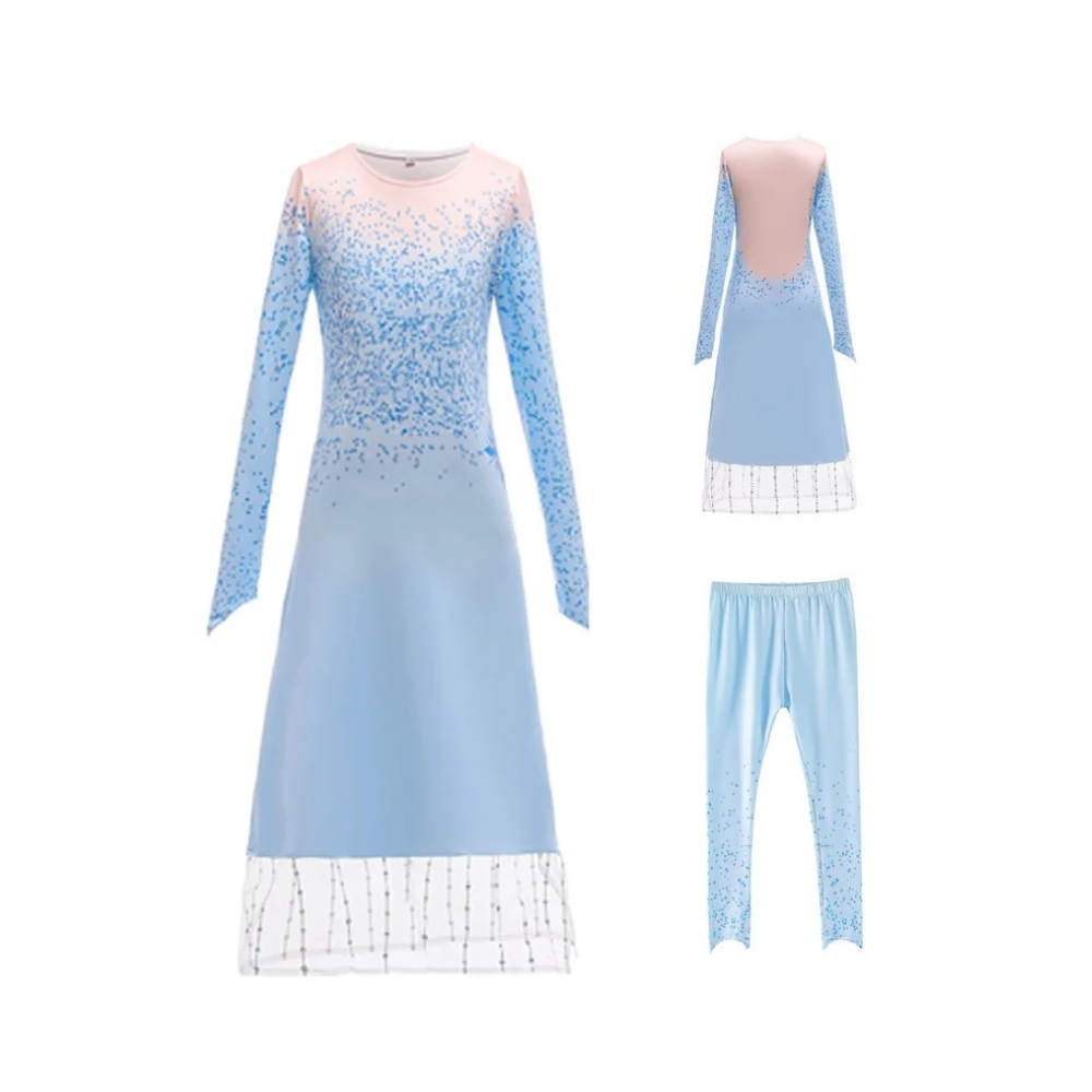 Disney Frozen inspired blue Elsa princess fancy dress for girls, featuring a long blue dress with shimmering snowflake patterns and matching blue leggings for cosy, comfortable play.
